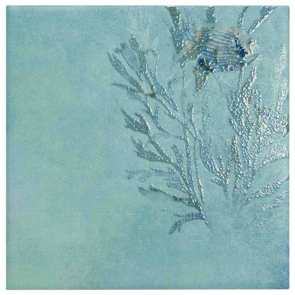 Decorative tile with a butterfly and plant design on a light blue background