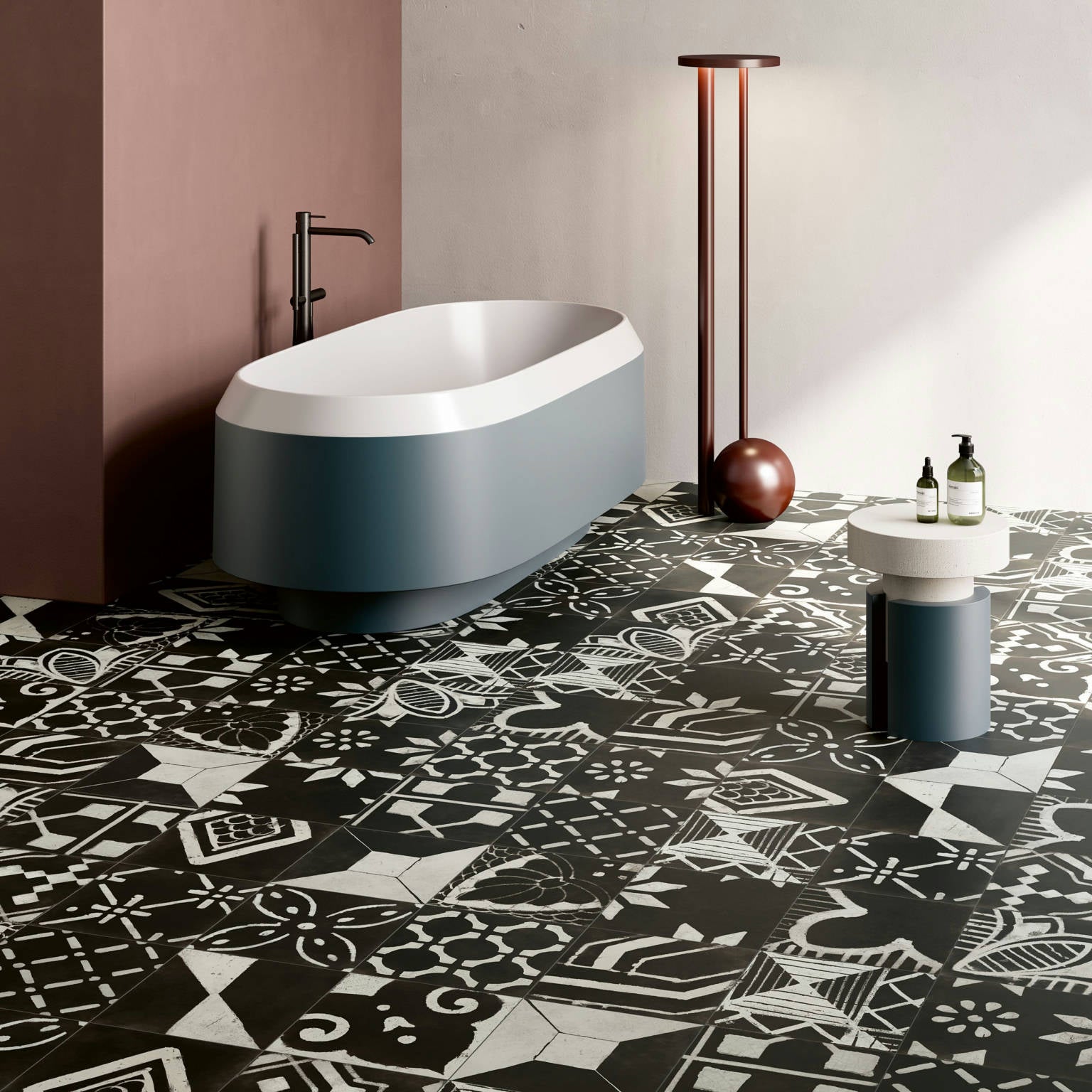 Patterned Nero Blend 12x12 porcelain tiles installed on a bathroom floor, featuring bold and elegant designs with a modern touch