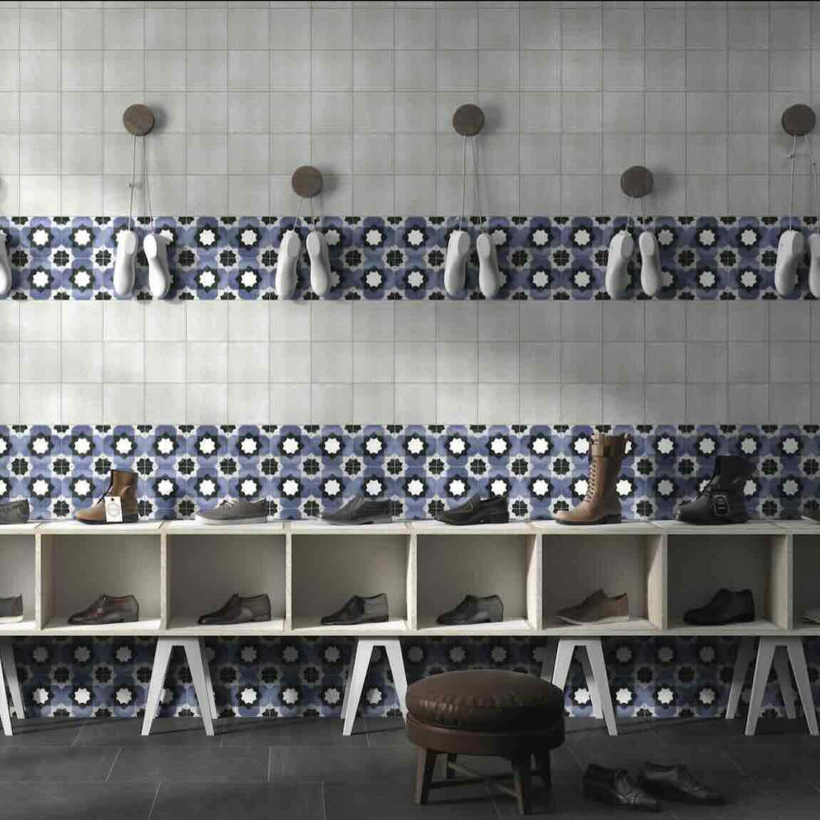 Patterned Porcelain Tile Midtown 6x6 featured on retail accent wall