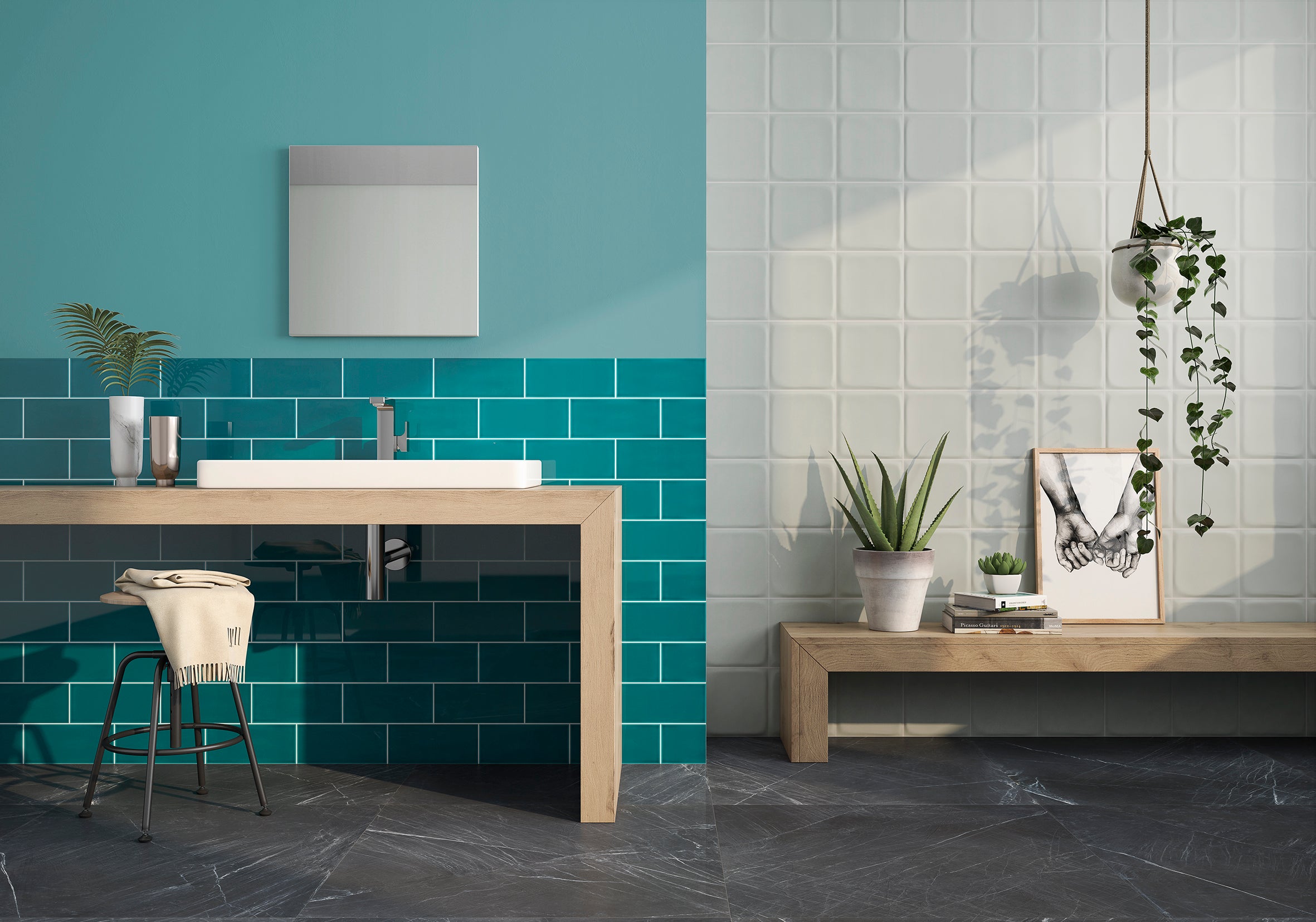 Peacock Green 4x10 subway tiles installed on a bathroom wall, offering a bold yet soothing pop of color with a smooth, elegant finish