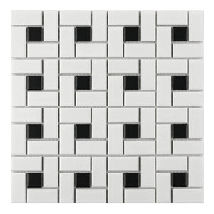 Essentials Black and White Dot Pinwheel Tile in a matte finish for kitchen backsplashes, bathrooms, showers, fireplace, foyers, floors, and accent/featured walls.
