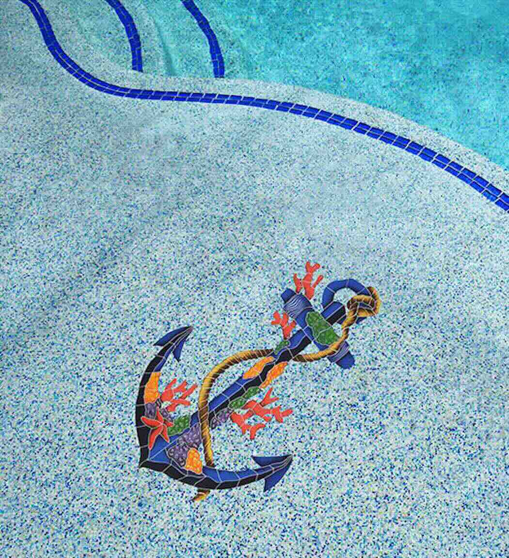 Decorative Porcelain Pool Mosaic Anchor 36x23 installed in a swimming pool stair