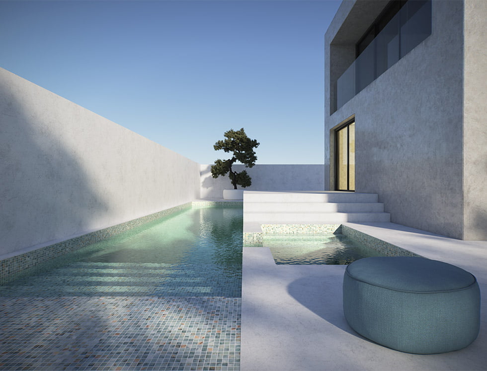 Preserve recycled glass mosaic tile in the Stella design, installed in a swimming pool for a starry, reflective finish with eco-conscious materials.