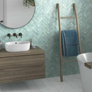 Organic Style Subway Tile Sky 2x6 featured on a bathroom accent wall