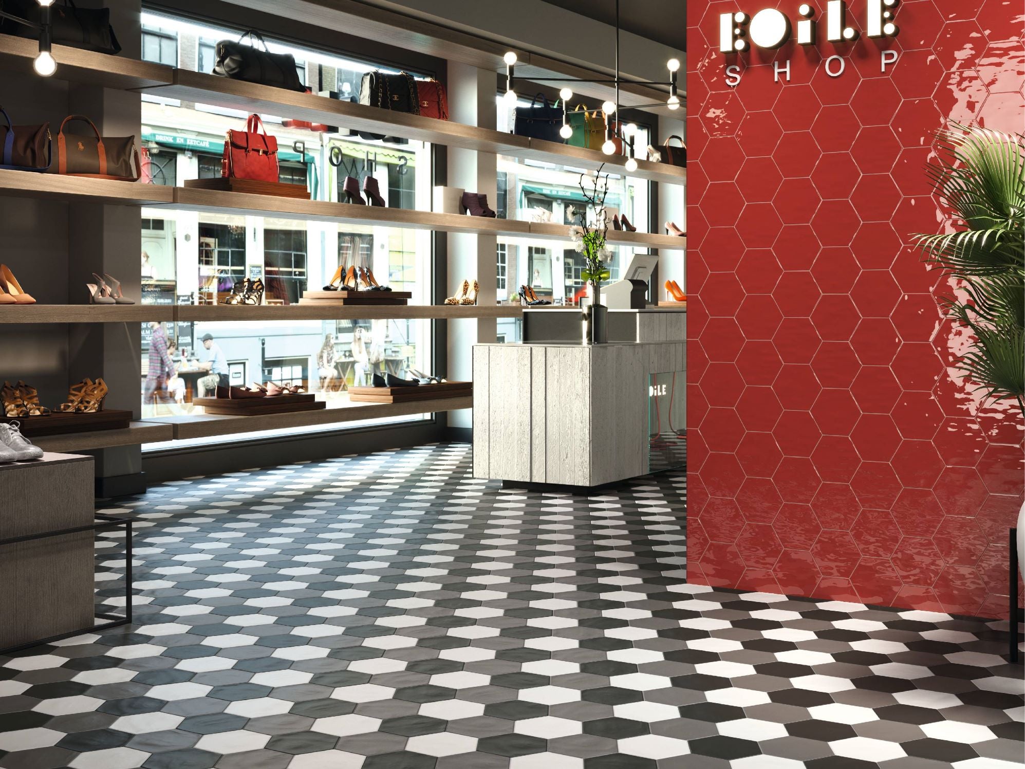 Magnolia hexagon grey matte porcelain tile, 6x7 in size, installed on a shop floor to provide a modern, slip-resistant surface with subtle texture and geometric style.