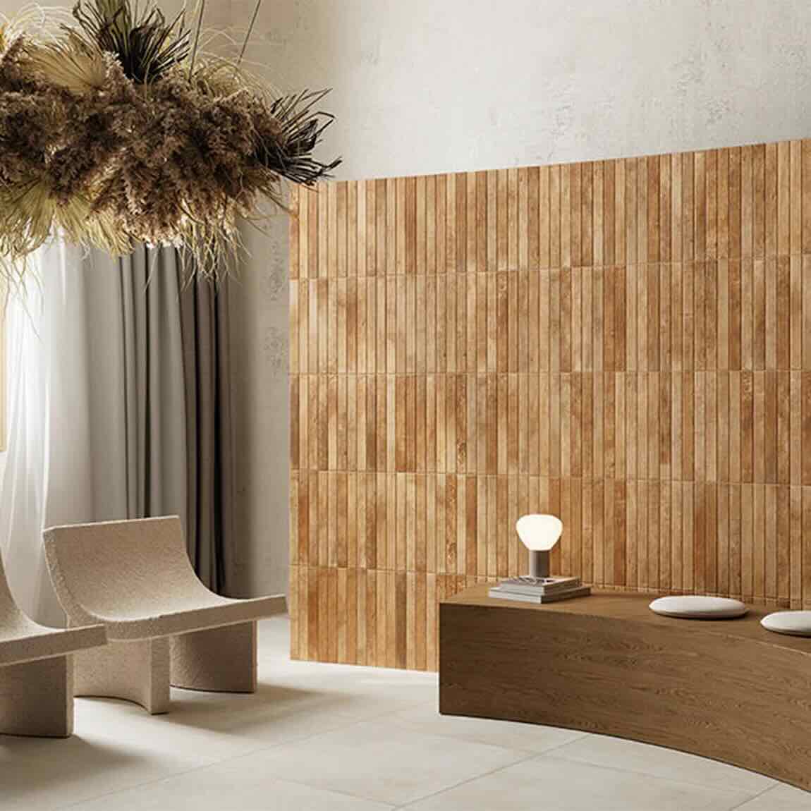 Modern interior design with porcelain wall panels and minimal decor.