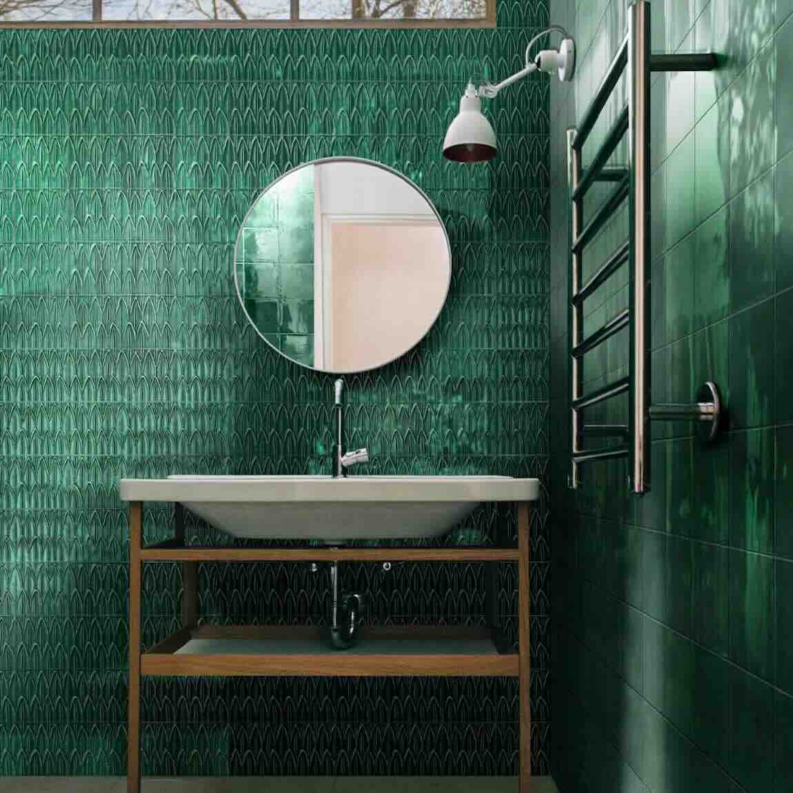 Sunshine Solid Green Porcelain Tile 6''x6' blended with Green Deco Tile on a total green bathroom