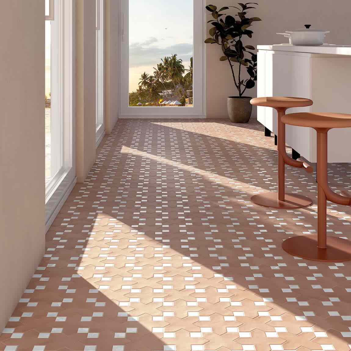 Modern interior with patterned floor, terracotta tiles, and a view of palm trees outside.
