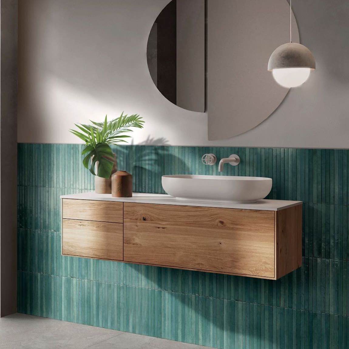 Magnolia 3D Tile Turquoise 2.5x9.5 Italian Porcelain Tile featured on a contemporary bathroom wall