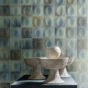 Storie Distressed Tile Turquoise 4x4 Deco Egg featured on an accent wall
