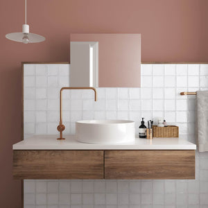 Farmhouse Wall Tile 4x4 White featured on a bathroom wall in salmon color