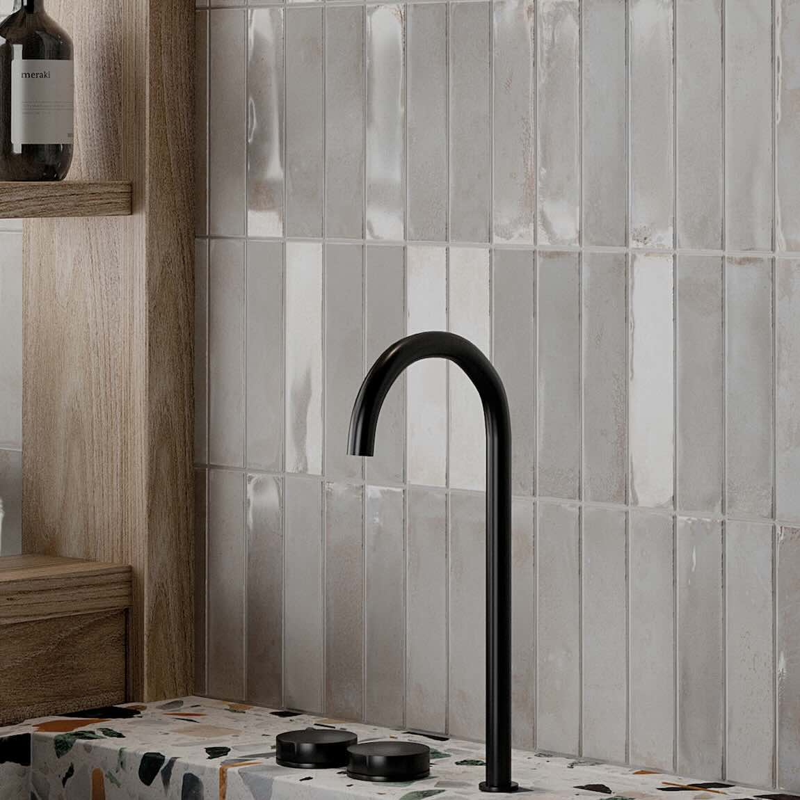 Charleston Snowbound 2''x8'' Satin and Glossy Porcelain Zellige Subway Tiles featured on a kitchen backsplash