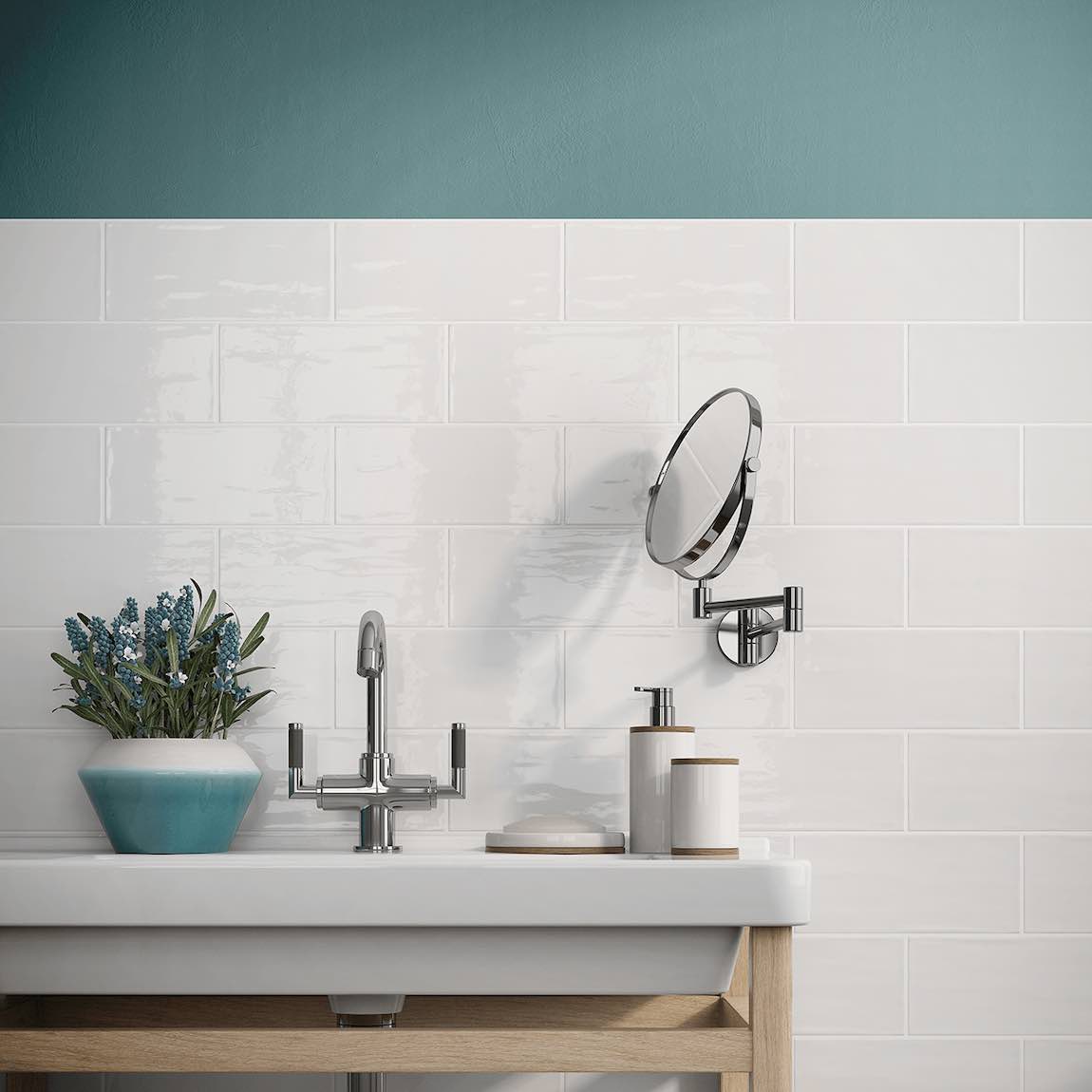 Renaissance Subway Tile White 3x6 Ceramic Tile featured on a fresh look contemporary bathroom