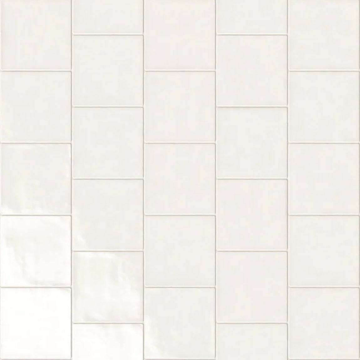 White Ceramic Tile 5x5 with a glossy finish and handcrafted appeal. Ideal for bathrooms, showers, fireplaces, and feature walls arranged in a staggered pattern
