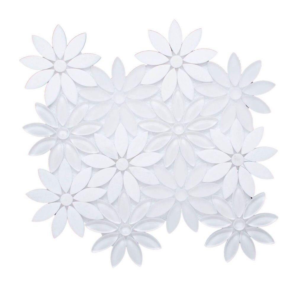 White flower-shaped Waterjet Mosaic Tile in Arctic white.