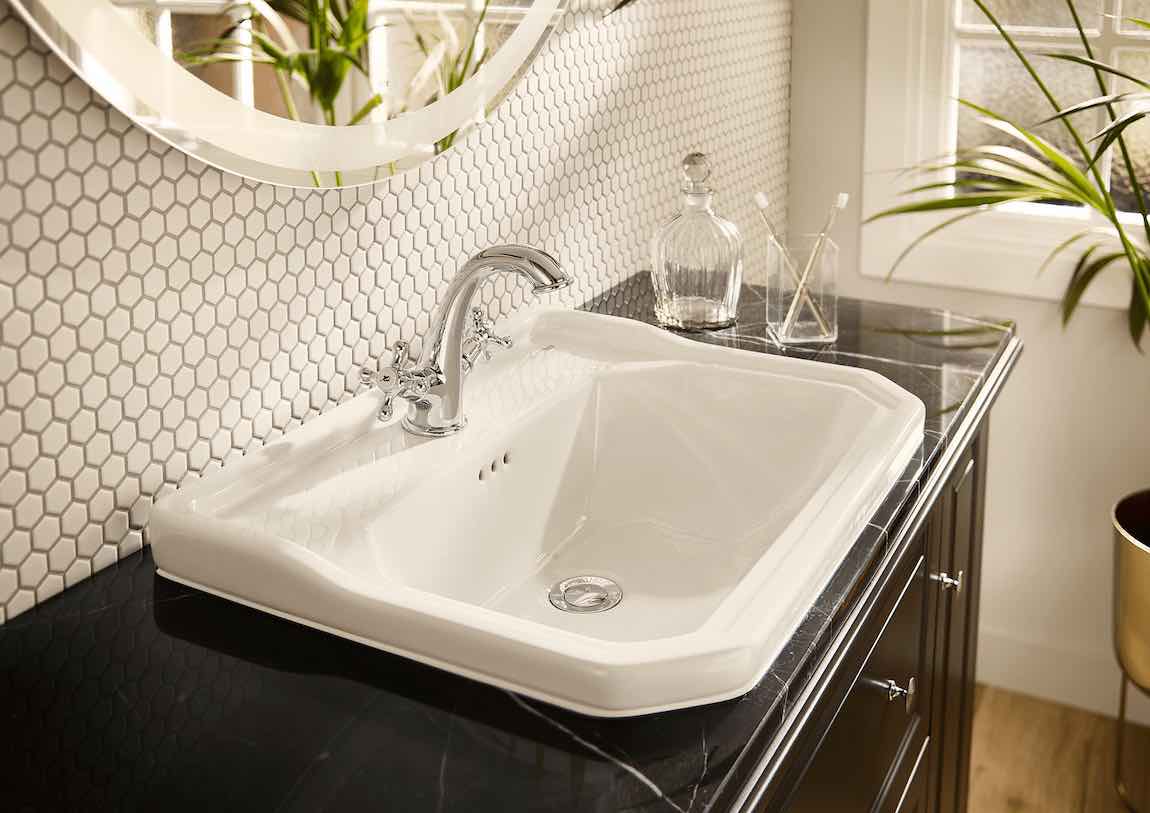 Hexagon Porcelain Mosaic Tile White 1 x 1 on a bathroom vanity