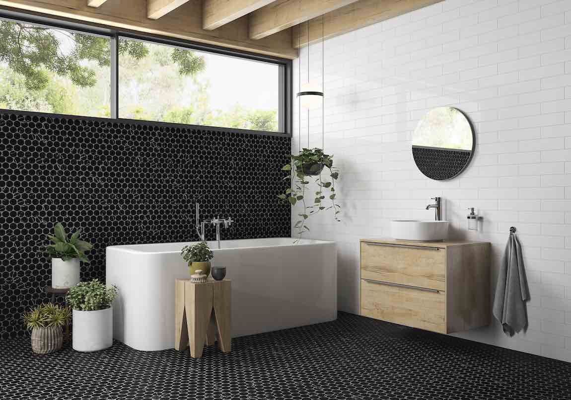 Marquina Stone Mosaic Tile Disks on a contemporary bathroom
