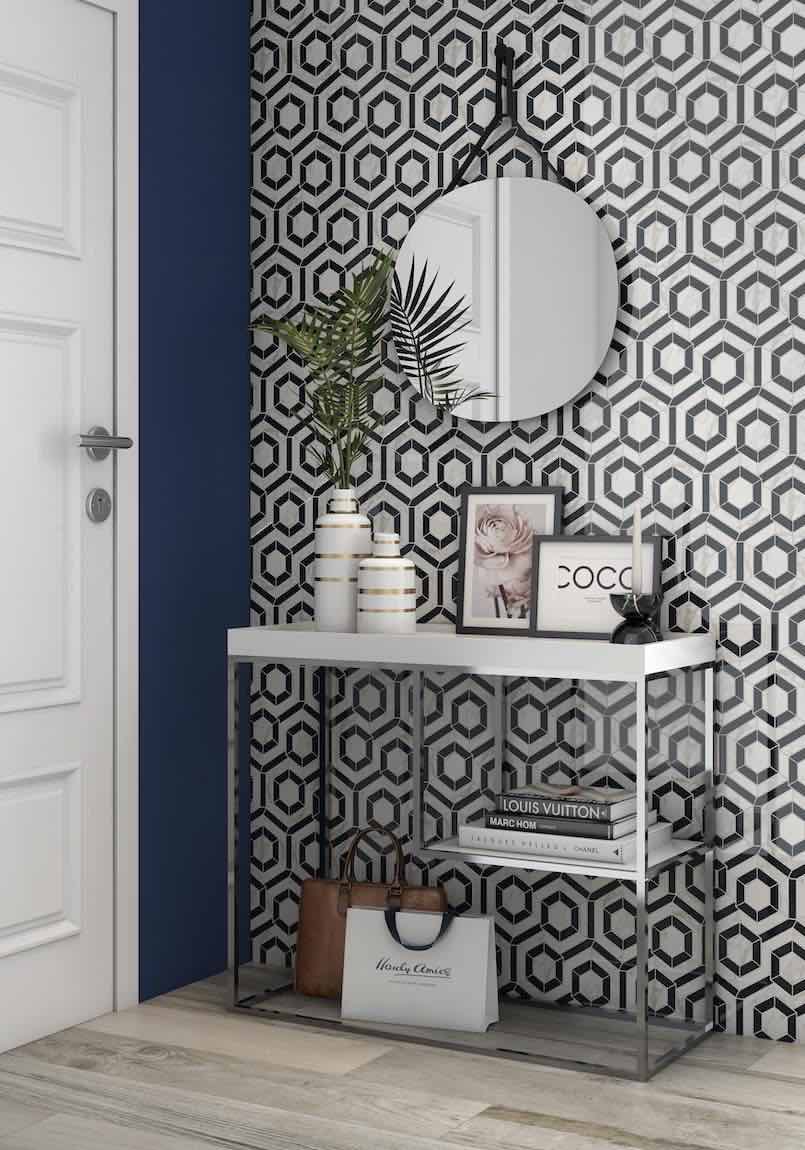 Hexagon Black and Marble White Mosaic Tile