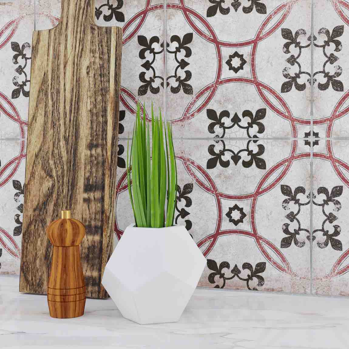 Vintage Patterned Distressed Porcelain Tile Monarch Red 9x9 featured on a kitchen backsplash