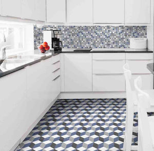 Patterned Porcelain Tile Geo Blue 8x8 installed on a kitchen floor