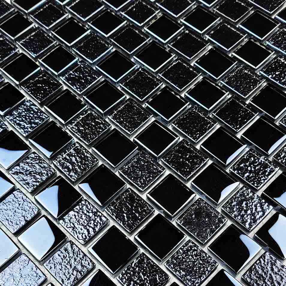 Glass Mosaic Tile Staggered Mirroring Black 1x1