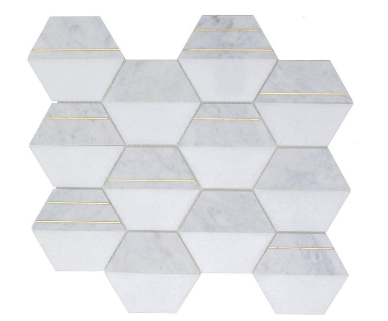 Inlay Brass Gold Hexagon Carrara Tile-Mineral Tiles