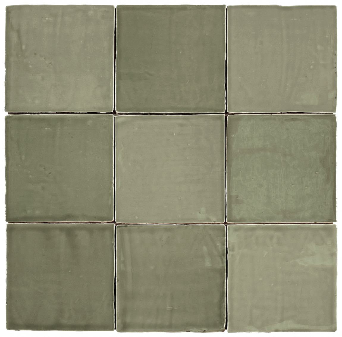 Nine 5x5 Coastal Green glazed ceramic tiles arranged in a square, showing subtle color variations.