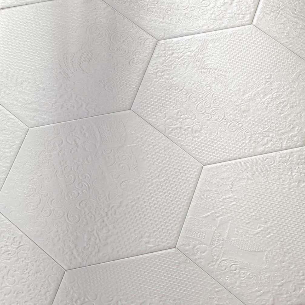 Studio Hexagon Texturized White Porcelain Tile 9x10