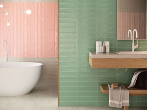 Subway Wall Tile Glossy Green 3x12 features on a conceptual modern bathroom