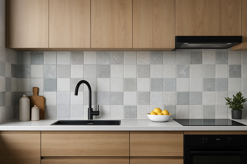A bright kitchen wall with glossy white subway tiles, wooden cabinets, and a sleek marble countertop.