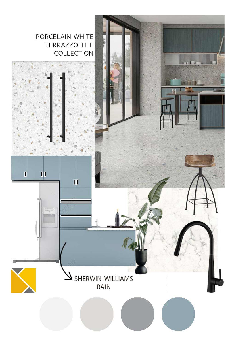 Mood Board: Porcelain White Terrazzo Tile Collection featured on a contemporary kitchen floor with blue and steel cabinets