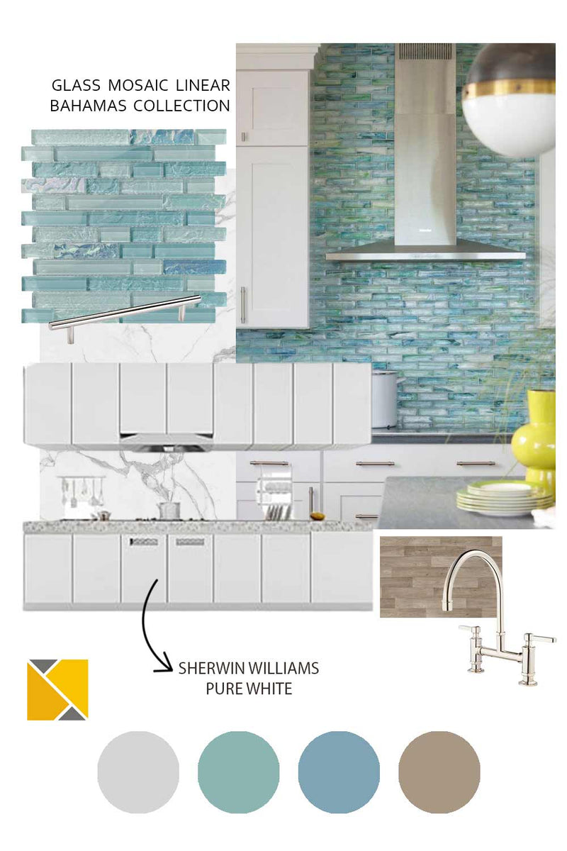 Mood Board: Glass Pool Mosaic Tile Linear Blend Bahamas Collection