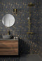Contemporary Shower featuring a Black Marble and Brass Mosaic Tile by Mineral Tiles paired with gold accent hardware and walnut cabinets