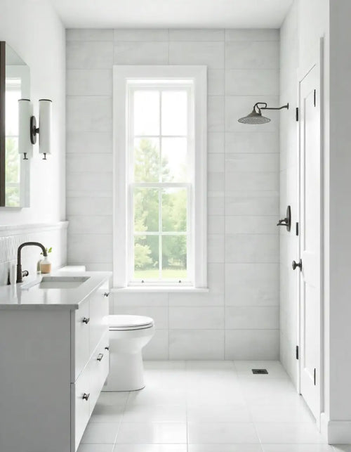 Bright bathroom with white tiled walls and floor, featuring a large window, a shower with a round head, a sink with a mirror, and a toilet.