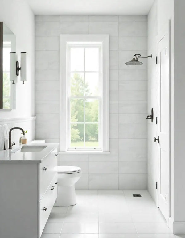 Bright bathroom with white tiled walls and floor, featuring a large window, a shower with a round head, a sink with a mirror, and a toilet.