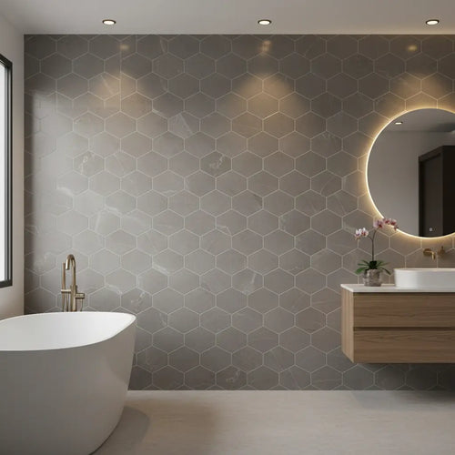 Luxurious bathroom featuring large grey hexagon tiles on the wall, highlighting elegant styling for an upscale look.