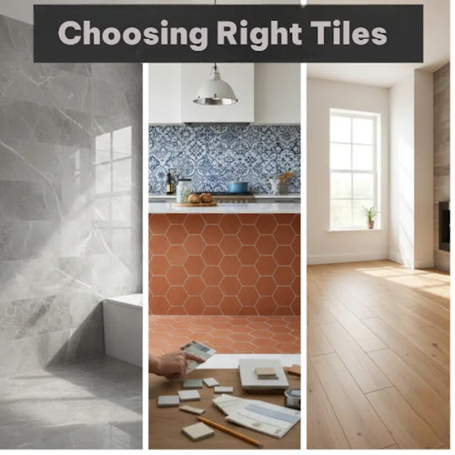 A guide to choosing home tiles, featuring marble walls, hexagon kitchen patterns, and wood-look floor tiles.