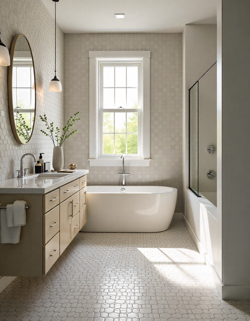 Bathroom or kitchen featuring hexagon tiles creatively combined with other tile shapes and colors.