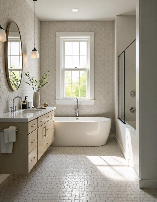 Bathroom or kitchen featuring hexagon tiles creatively combined with other tile shapes and colors.