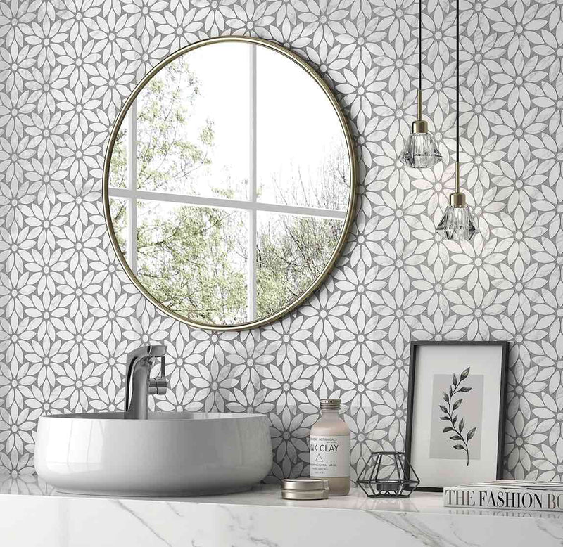 Stone Mosaic Tile Daisy White featured on a bathroom wall