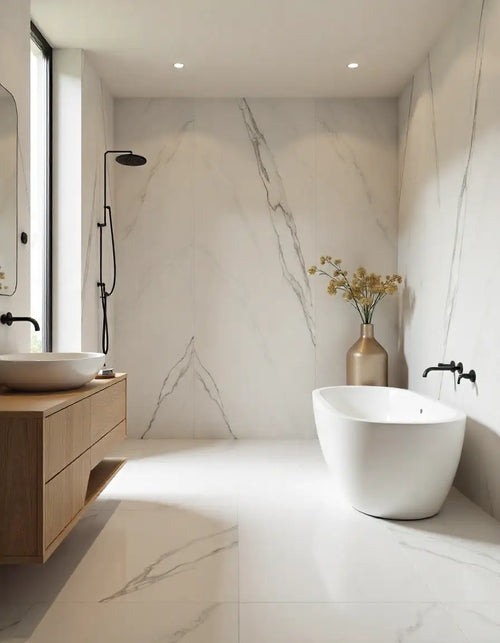 Luxury spa bathroom with affordable marble-look large format tiles and minimalist wooden vanity.