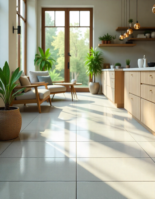 Durable recycled glass tile flooring in a bright modern room with natural light and eco-friendly decor.