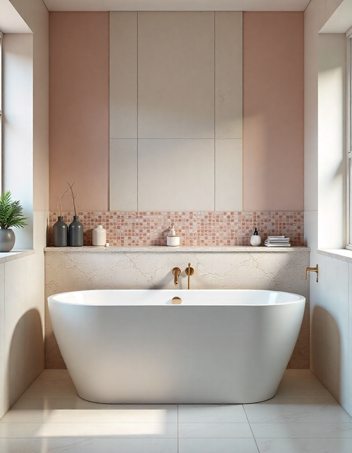 A bright and contemporary bathroom featuring large neutral-toned tiles, a spacious glass-enclosed shower, a wall-mounted toilet, and a floating wooden vanity with a white vessel sink. A large window provides natural light and a view of trees.