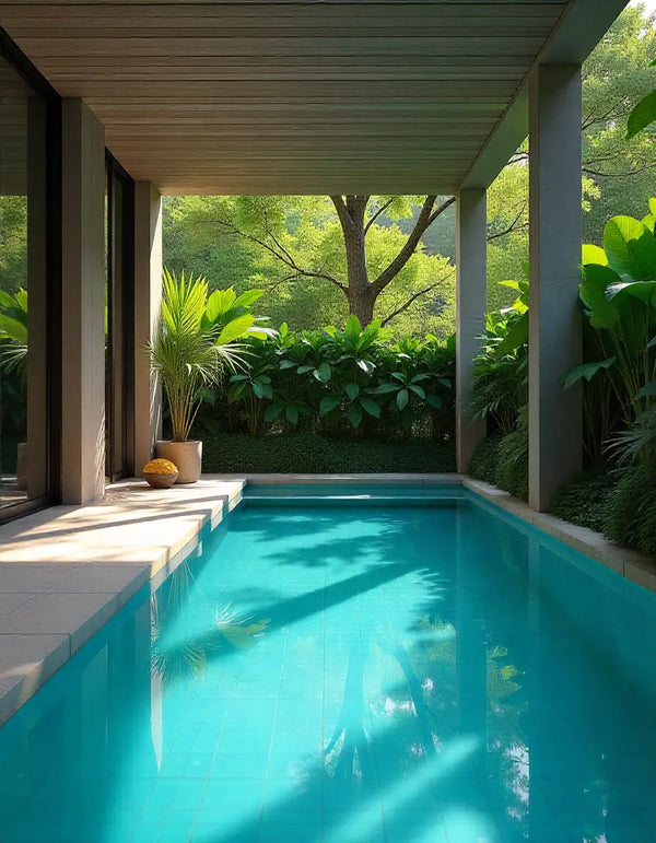 Luxurious swimming pool tiled entirely with shimmering blue glass mosaic tiles under bright sunlight.