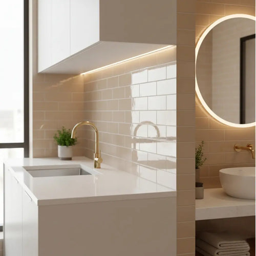 Beige glossy tile backsplash ideas, highlighting a warm, reflective finish suitable for kitchens and bathrooms.