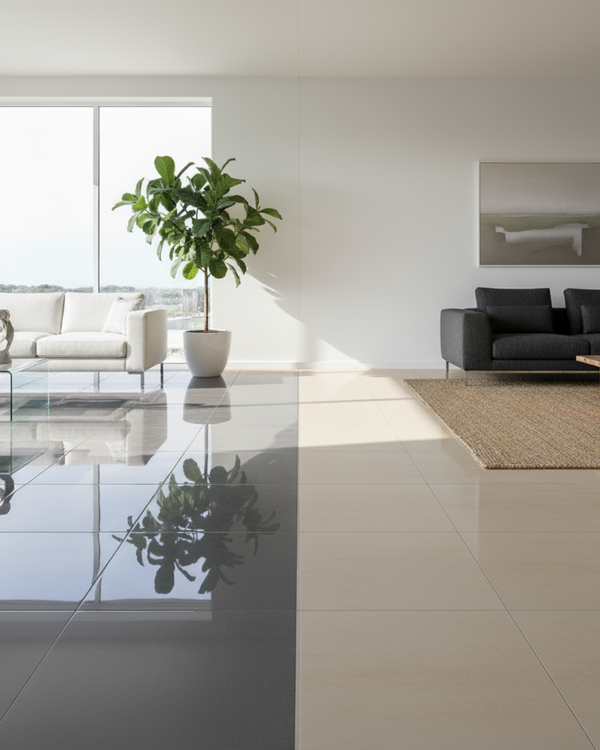 Glossy tile vs matte tile comparison in modern living space showing reflective and textured surfaces