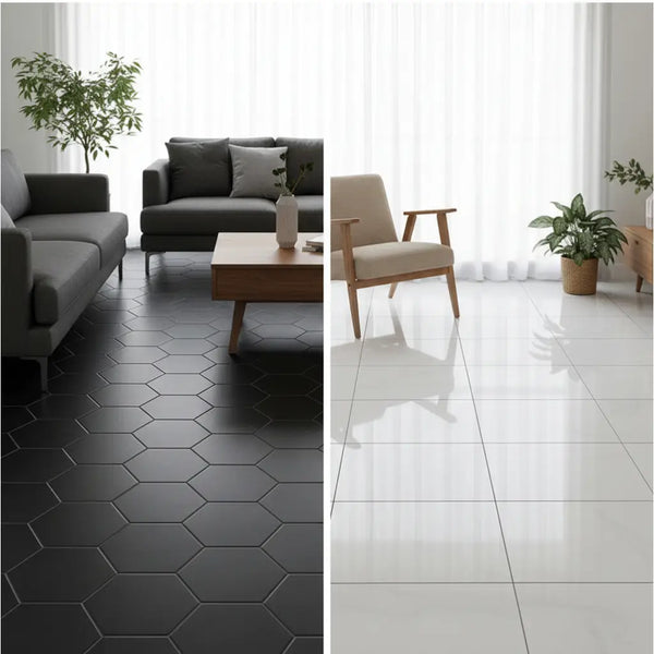 Comparison of matte black hexagon floor tiles and glossy white square tiles in a modern living room setting.