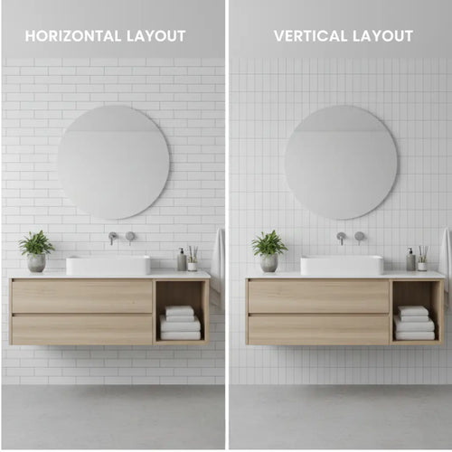 Comparison of horizontal vs vertical layouts showing how tile orientation changes the visual space of a bathroom.