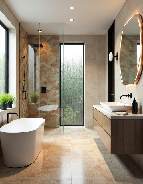  Modern bathroom and kitchen with immersive wall-to-floor tile designs and sleek contemporary fixtures.
