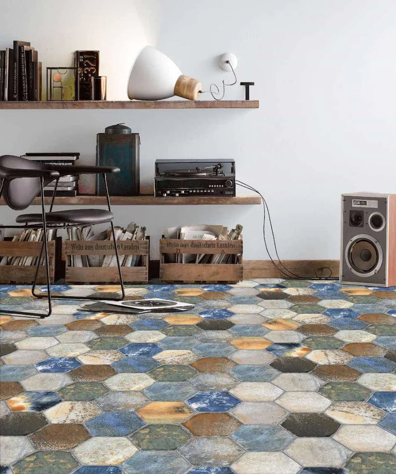 Industrial and Rustic Distressed Floor Tiles in music room